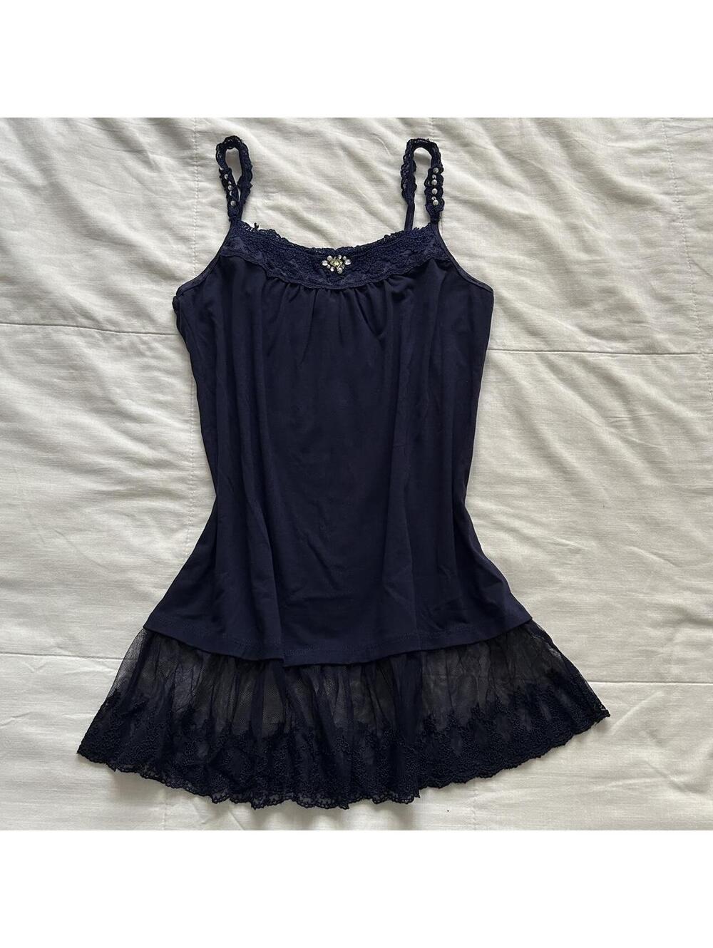 Axes Femme Navy Lace Camisole Pearl Ruffle Hem Top Medium Japan